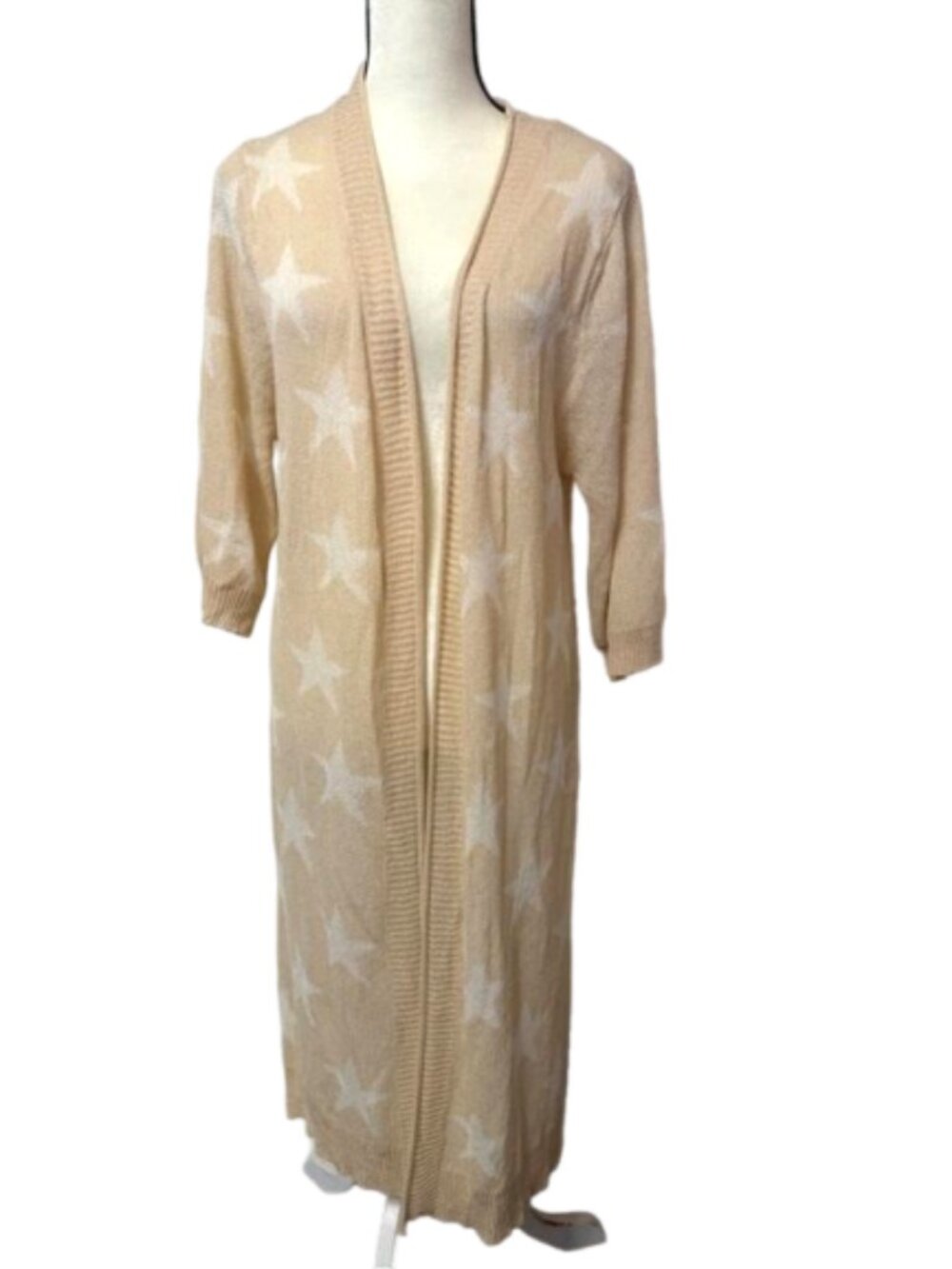 POL Open Front Cream & Peach Star Pattern Duster Cardigan Size M #2407